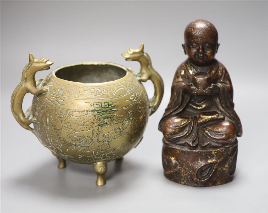 A 20th century Chinese cast metal buddha and a censer, tallest 22cm